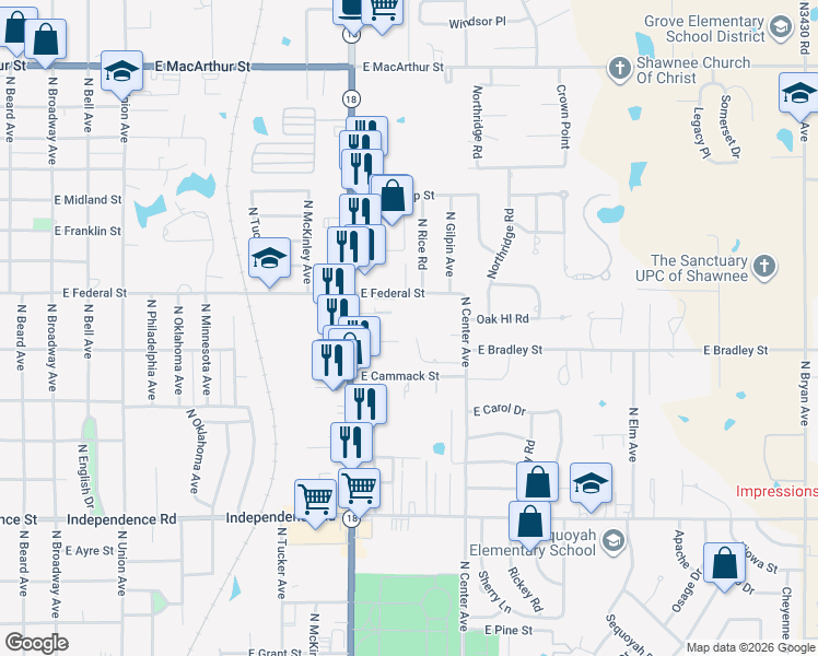 map of restaurants, bars, coffee shops, grocery stores, and more near 909 East Federal Street in Shawnee