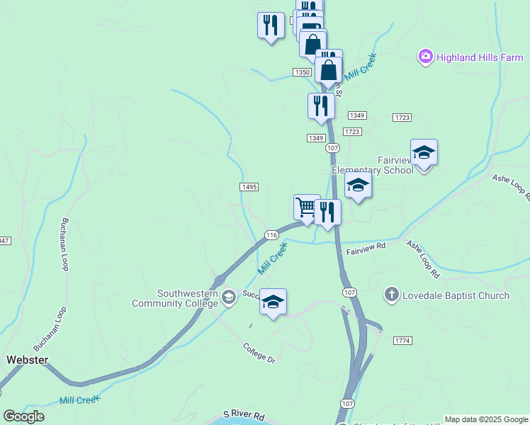 map of restaurants, bars, coffee shops, grocery stores, and more near 73 Griffin Street in Sylva