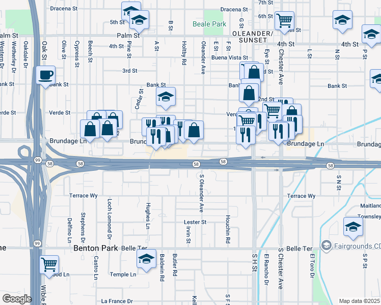 map of restaurants, bars, coffee shops, grocery stores, and more near 2116 Roosevelt Street in Bakersfield