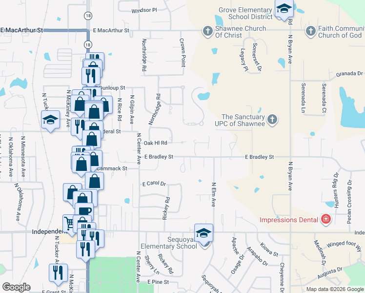 map of restaurants, bars, coffee shops, grocery stores, and more near 16 East Oak Hill in Shawnee