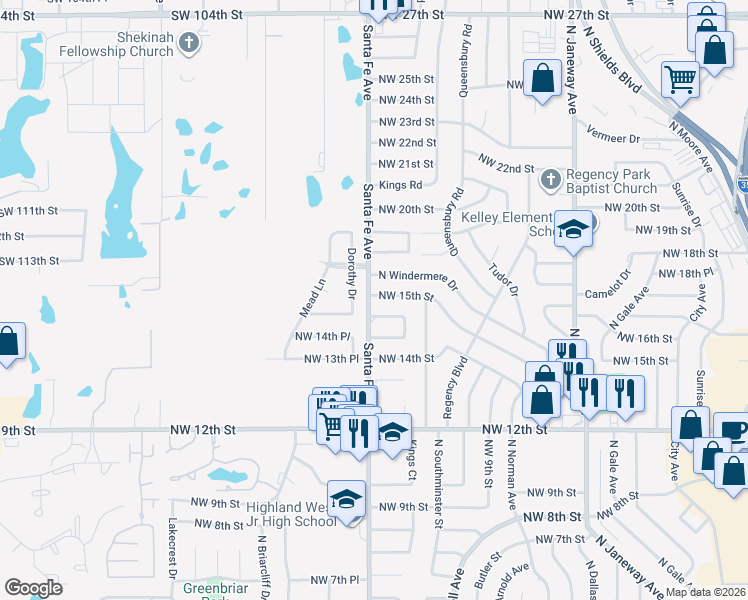 map of restaurants, bars, coffee shops, grocery stores, and more near 1540 South Santa Fe Avenue in Moore