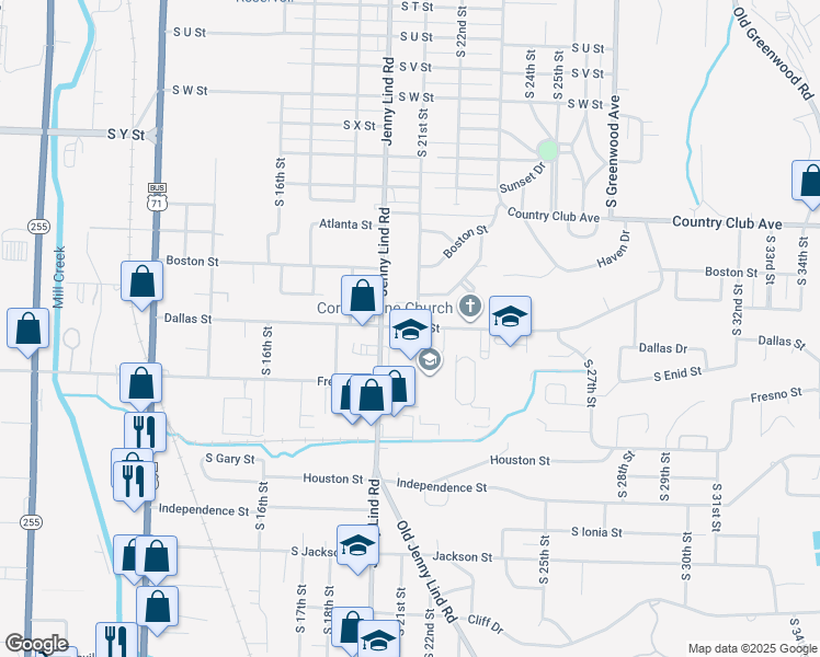 map of restaurants, bars, coffee shops, grocery stores, and more near 2400 South Dallas Street in Fort Smith