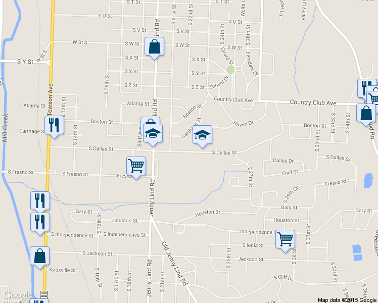 map of restaurants, bars, coffee shops, grocery stores, and more near 2225 South Dallas Street in Fort Smith