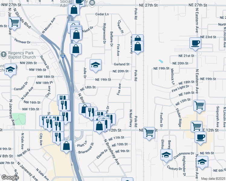 map of restaurants, bars, coffee shops, grocery stores, and more near 308 Northeast 18th Street in Moore