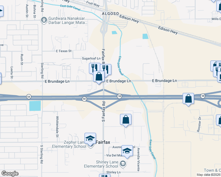 map of restaurants, bars, coffee shops, grocery stores, and more near 0 Brundage Lane in Bakersfield
