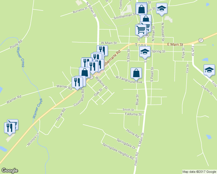 map of restaurants, bars, coffee shops, grocery stores, and more near 305 Watkins Street in Troy