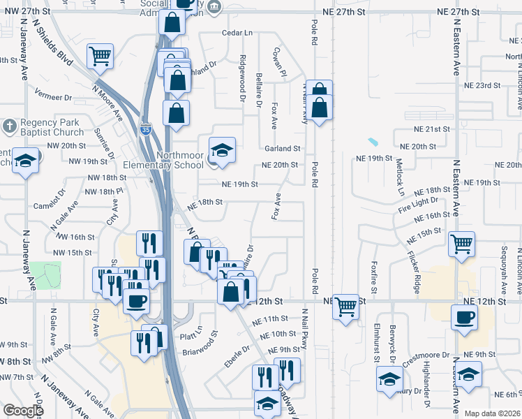 map of restaurants, bars, coffee shops, grocery stores, and more near 308 Northeast 18th Street in Moore