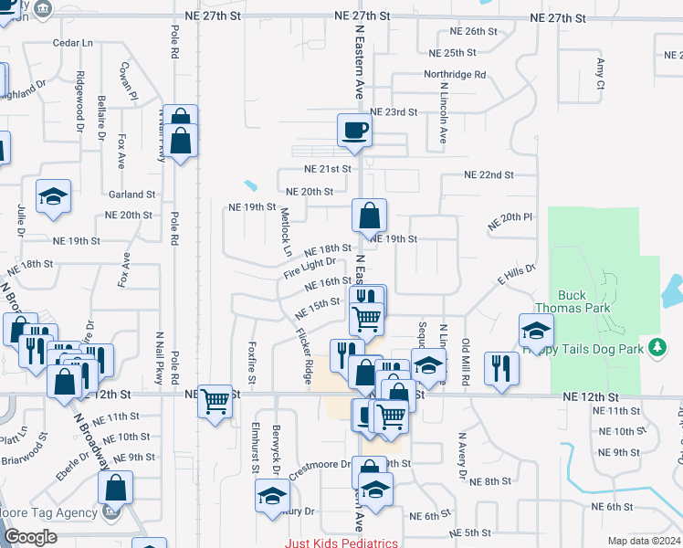 map of restaurants, bars, coffee shops, grocery stores, and more near 649 Northeast 16th Street in Moore