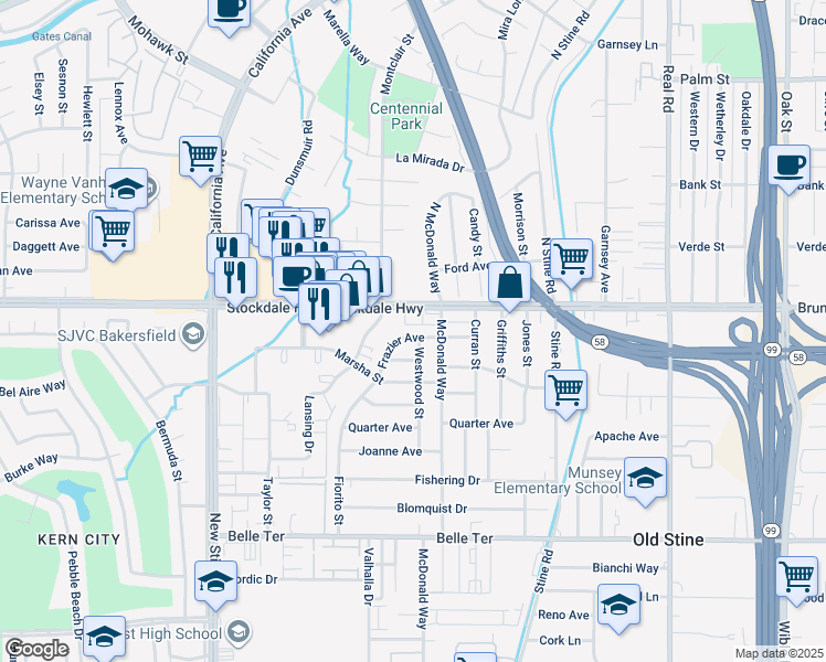 map of restaurants, bars, coffee shops, grocery stores, and more near 4502 Frazier Avenue in Bakersfield