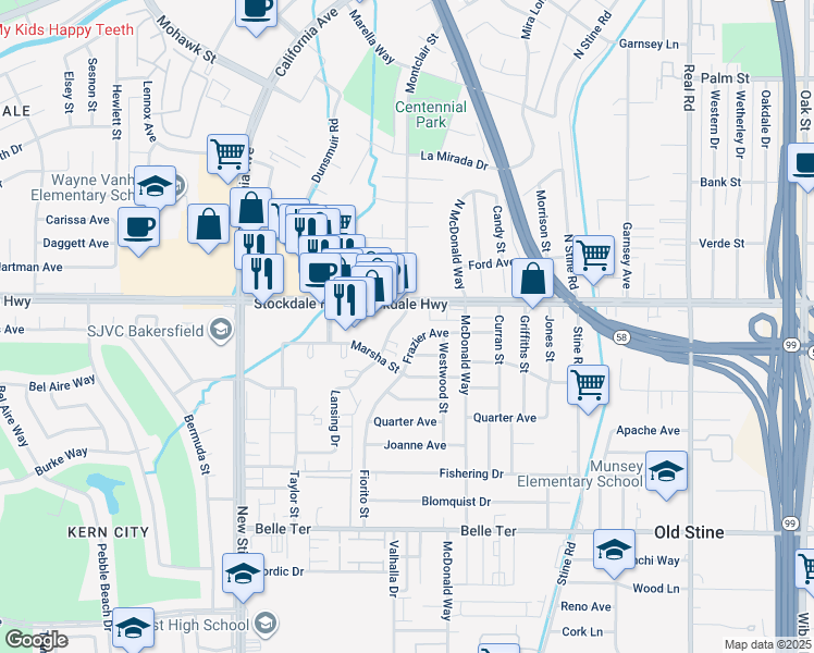 map of restaurants, bars, coffee shops, grocery stores, and more near 140 South Montclair Street in Bakersfield