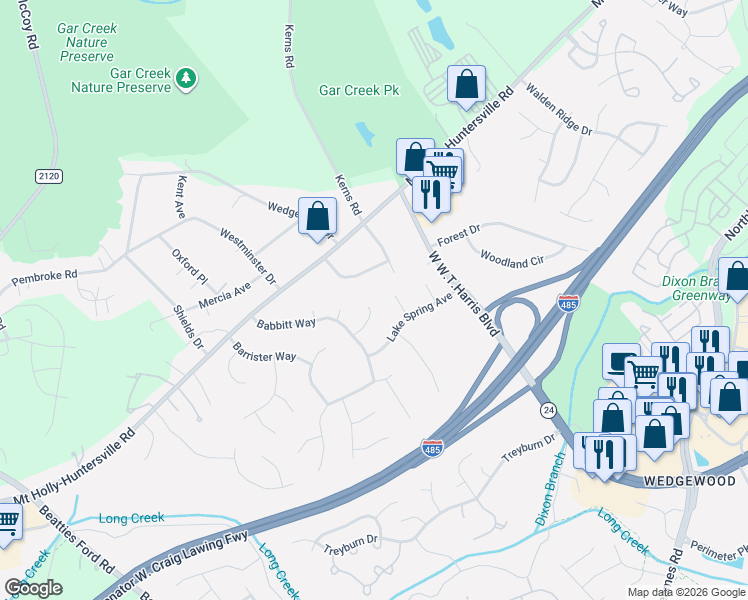 map of restaurants, bars, coffee shops, grocery stores, and more near 9138 Whittel Place in Charlotte