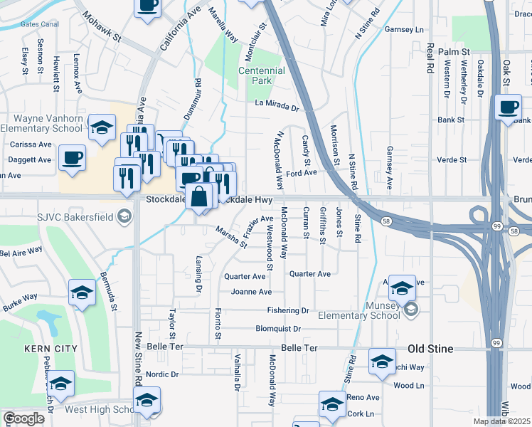 map of restaurants, bars, coffee shops, grocery stores, and more near 4502 Frazier Avenue in Bakersfield