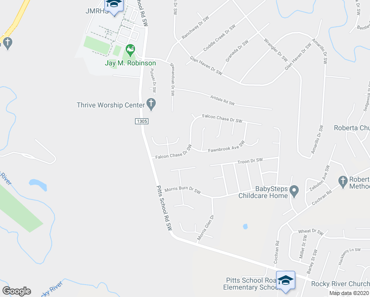 map of restaurants, bars, coffee shops, grocery stores, and more near 4626 Falcon Chase Drive Southwest in Concord