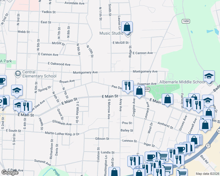 map of restaurants, bars, coffee shops, grocery stores, and more near 1106 Pee Dee Avenue in Albemarle