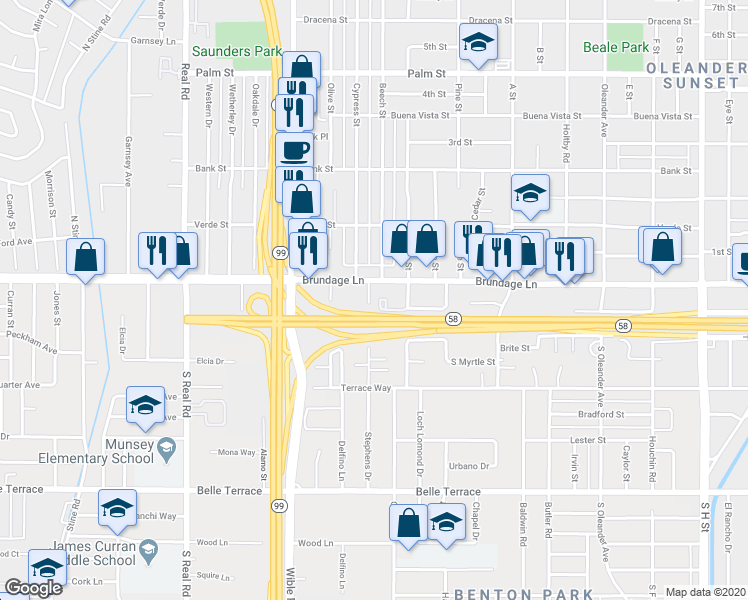 map of restaurants, bars, coffee shops, grocery stores, and more near 26A Stephens Drive in Bakersfield