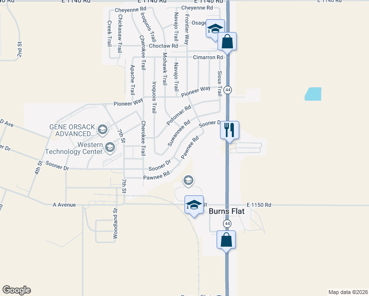 map of restaurants, bars, coffee shops, grocery stores, and more near 210 Pawnee Road in Burns Flat