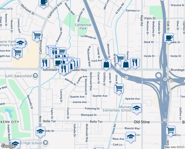 map of restaurants, bars, coffee shops, grocery stores, and more near 3920 Frazier Ave in Bakersfield