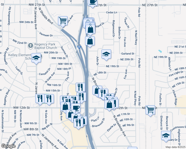 map of restaurants, bars, coffee shops, grocery stores, and more near 1910 North Broadway Street in Moore
