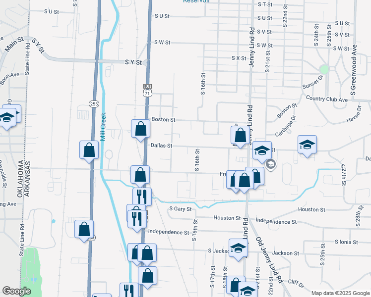 map of restaurants, bars, coffee shops, grocery stores, and more near 1418 Dallas Street in Fort Smith