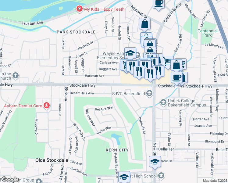 map of restaurants, bars, coffee shops, grocery stores, and more near 100 Bermuda Street in Bakersfield