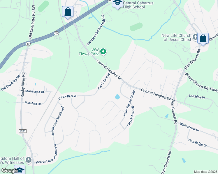 map of restaurants, bars, coffee shops, grocery stores, and more near 4207 Falls Lake Drive South West in Concord