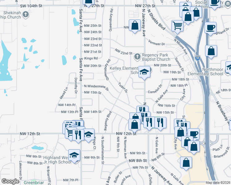 map of restaurants, bars, coffee shops, grocery stores, and more near 1608 Queensbury Rd in Moore