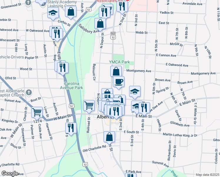 map of restaurants, bars, coffee shops, grocery stores, and more near 230 North 1st Street in Albemarle