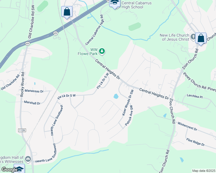 map of restaurants, bars, coffee shops, grocery stores, and more near 4207 Falls Lake Drive South West in Concord