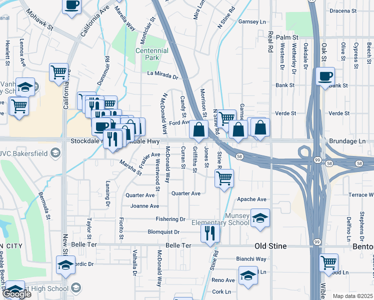 map of restaurants, bars, coffee shops, grocery stores, and more near 16 Curran Street in Bakersfield