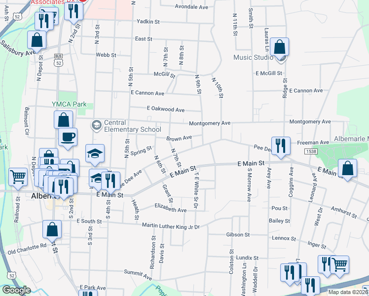 map of restaurants, bars, coffee shops, grocery stores, and more near 723 Pee Dee Avenue in Albemarle