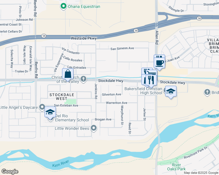 map of restaurants, bars, coffee shops, grocery stores, and more near 200 Ritter Court in Bakersfield