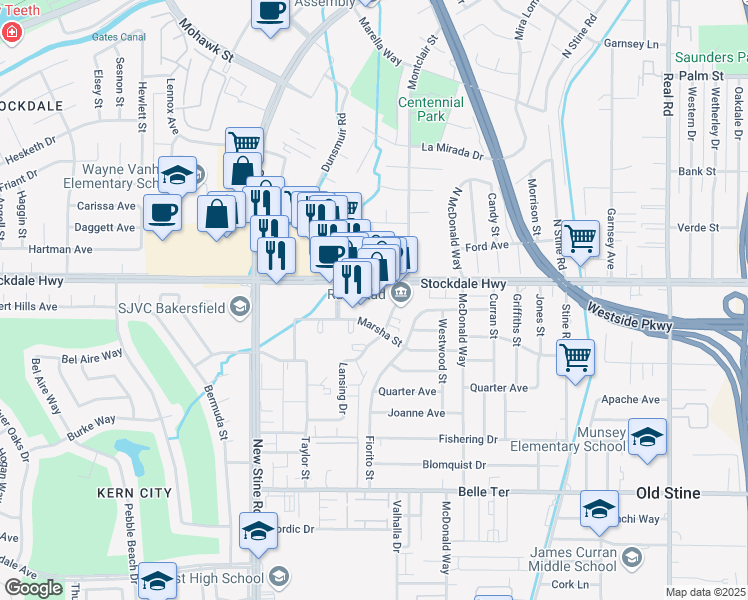 map of restaurants, bars, coffee shops, grocery stores, and more near 4709 Stockdale Hwy in Bakersfield