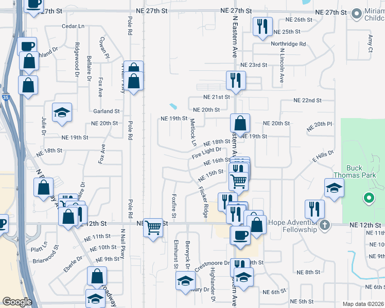 map of restaurants, bars, coffee shops, grocery stores, and more near 605 Fire Light Drive in Moore