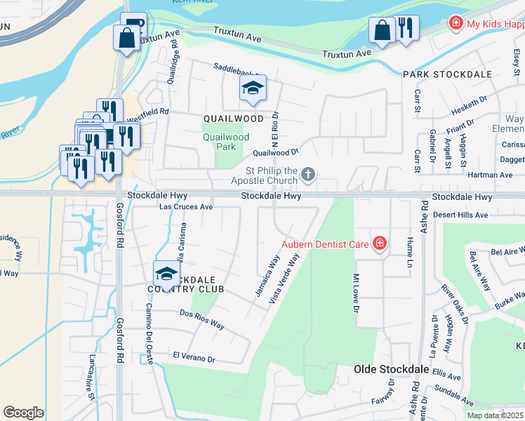 map of restaurants, bars, coffee shops, grocery stores, and more near 200 Starmount Lane in Bakersfield