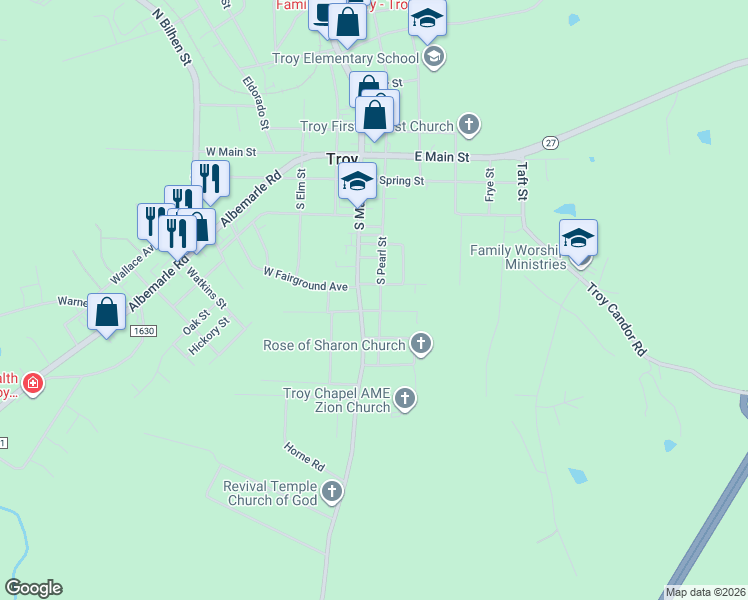 map of restaurants, bars, coffee shops, grocery stores, and more near 510 South Pearl Street in Troy
