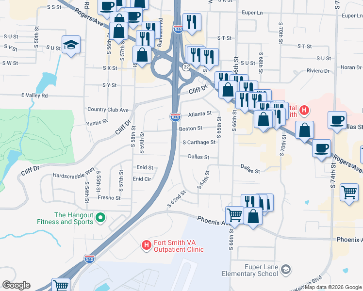 map of restaurants, bars, coffee shops, grocery stores, and more near 6200 South Carthage Street in Fort Smith