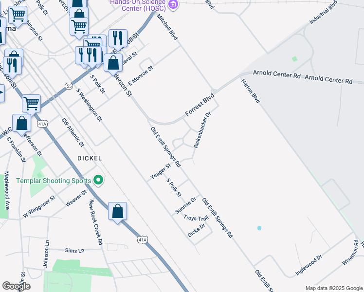 map of restaurants, bars, coffee shops, grocery stores, and more near 410 Chamberlain Drive in Tullahoma
