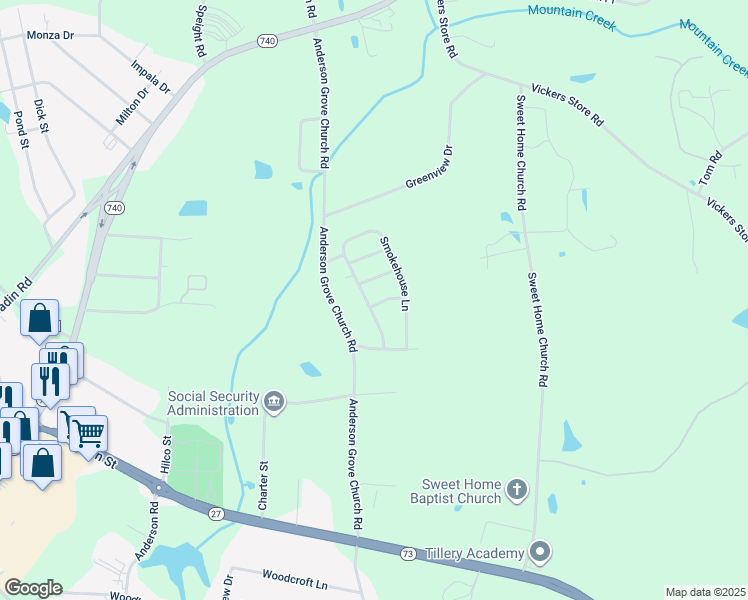 map of restaurants, bars, coffee shops, grocery stores, and more near 714 Smokehouse Lane in Albemarle