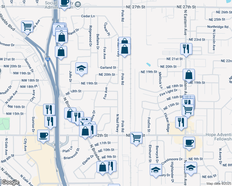 map of restaurants, bars, coffee shops, grocery stores, and more near 510 Northeast 18th Street in Moore