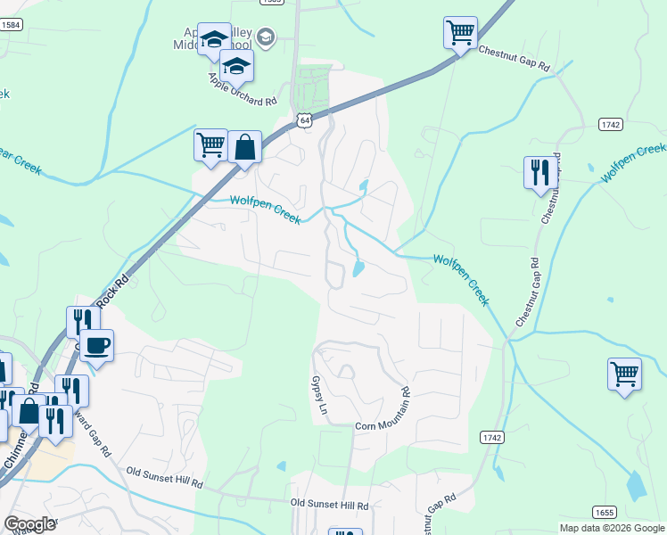 map of restaurants, bars, coffee shops, grocery stores, and more near 78 Winter Wren Circle in Hendersonville
