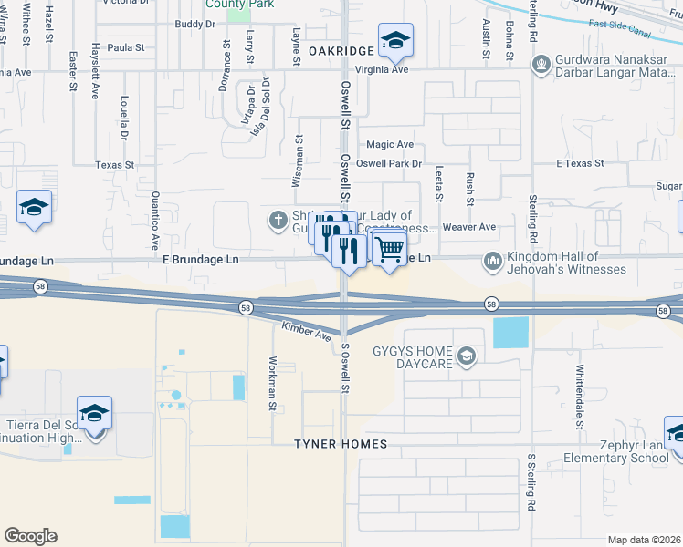 map of restaurants, bars, coffee shops, grocery stores, and more near 340 Quantico Avenue in Bakersfield