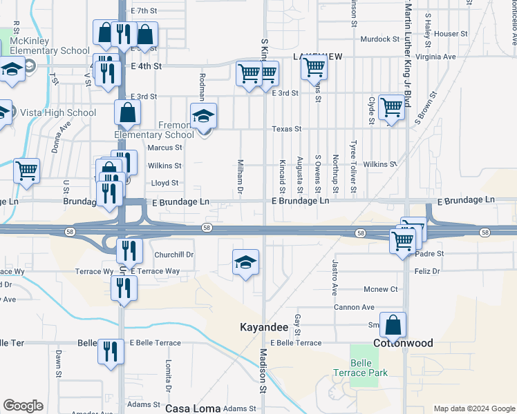 map of restaurants, bars, coffee shops, grocery stores, and more near 711 East Brundage Lane in Bakersfield