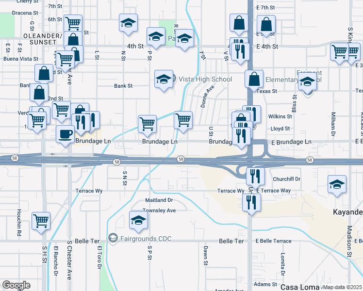 map of restaurants, bars, coffee shops, grocery stores, and more near 615 Brundage Lane in Bakersfield