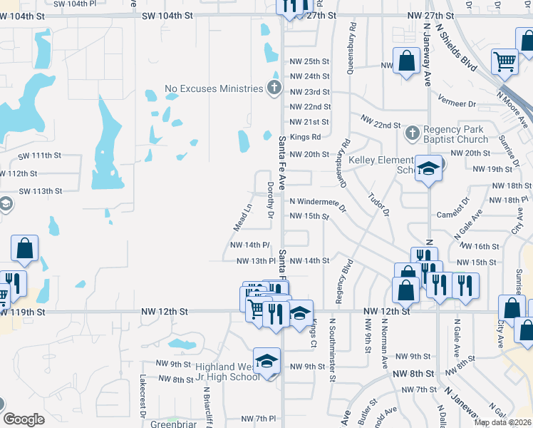 map of restaurants, bars, coffee shops, grocery stores, and more near 1300 Mead Circle in Moore