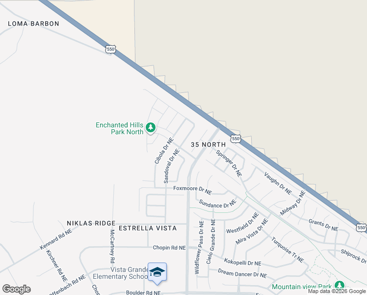 map of restaurants, bars, coffee shops, grocery stores, and more near 5700 Sandoval Drive Northeast in Rio Rancho