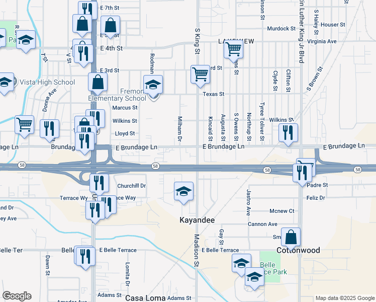 map of restaurants, bars, coffee shops, grocery stores, and more near 711 East Brundage Lane in Bakersfield