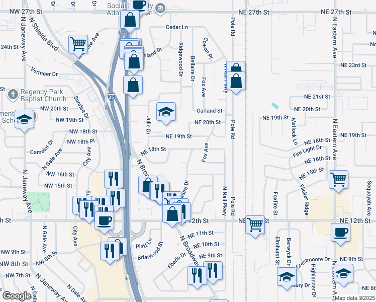 map of restaurants, bars, coffee shops, grocery stores, and more near 308 Northeast 18th Street in Moore