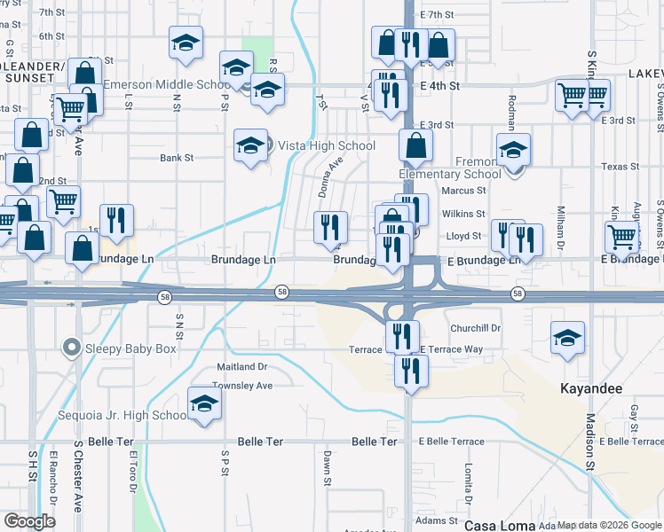 map of restaurants, bars, coffee shops, grocery stores, and more near 401 Brundage Lane in Bakersfield