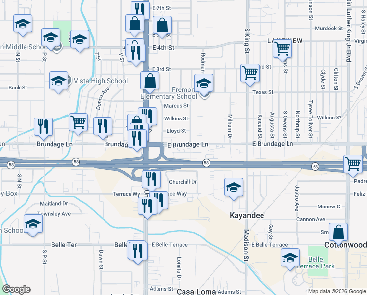 map of restaurants, bars, coffee shops, grocery stores, and more near 309 East Brundage Lane in Bakersfield