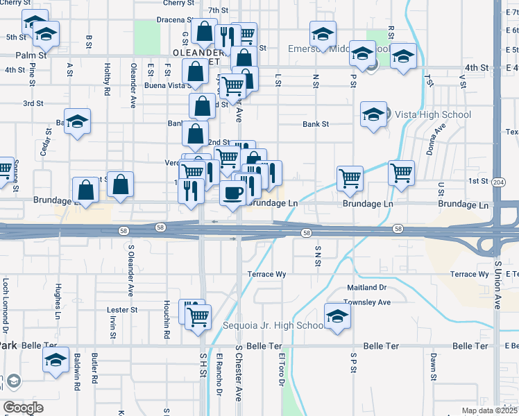 map of restaurants, bars, coffee shops, grocery stores, and more near 1319 Brundage Lane in Bakersfield